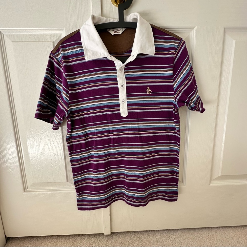 Original Penguin Men Short Sleeves Polo - Purple and White Stripes M